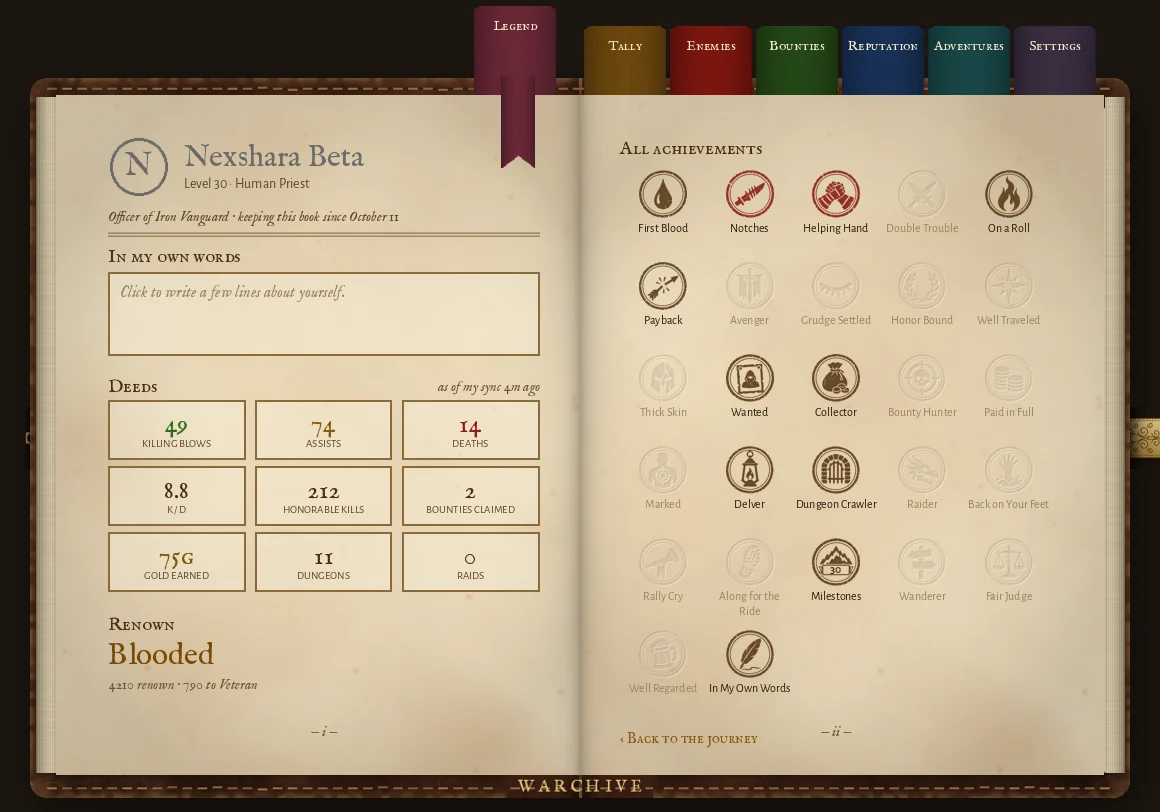 The Warchive journal open on the Legend page: deeds, Renown and achievement stamps